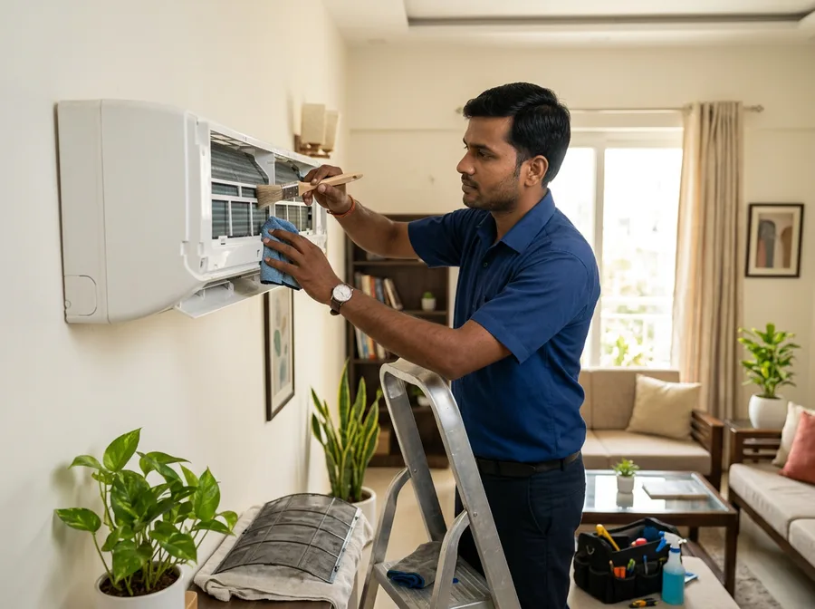 Indian technician servicing a split air conditioner