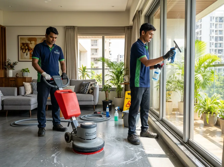 Professional team performing deep cleaning in a home