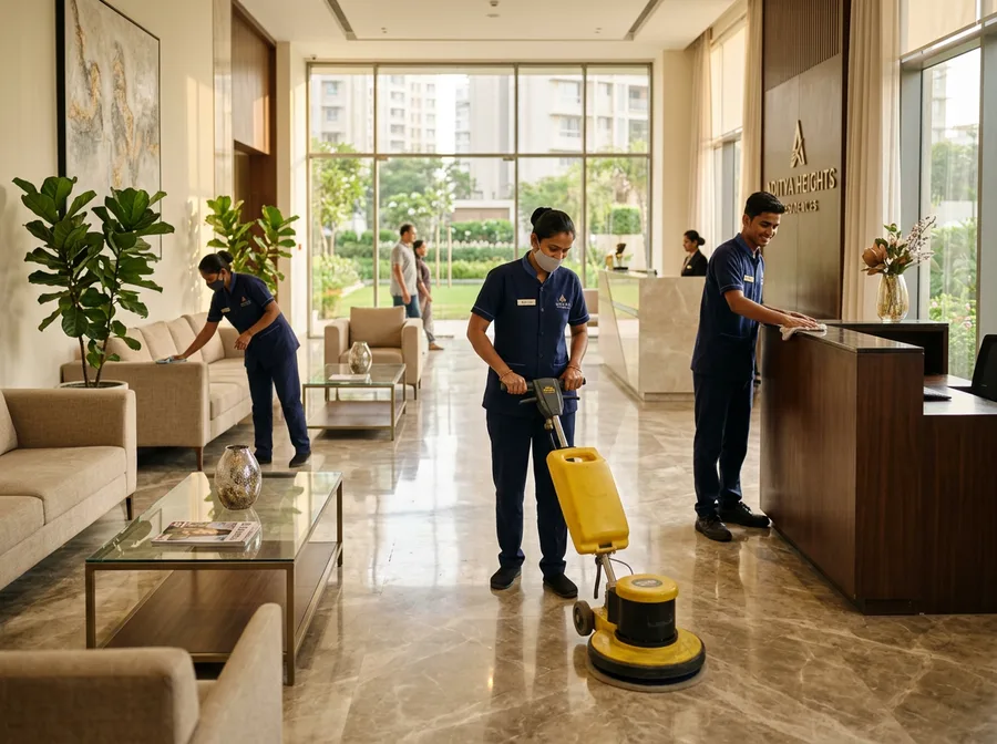 Housekeeping staff cleaning a residential building lobby