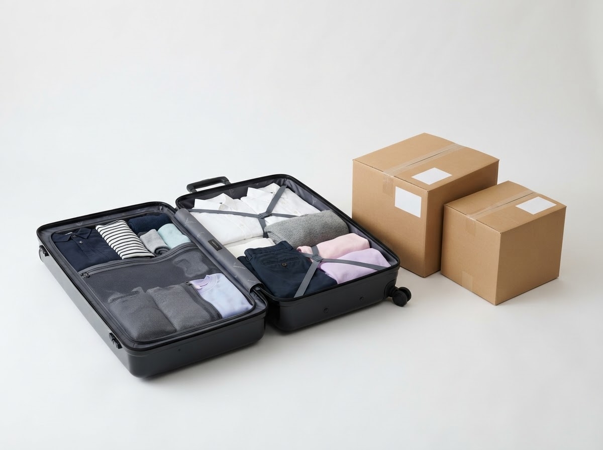 Suitcase and moving boxes