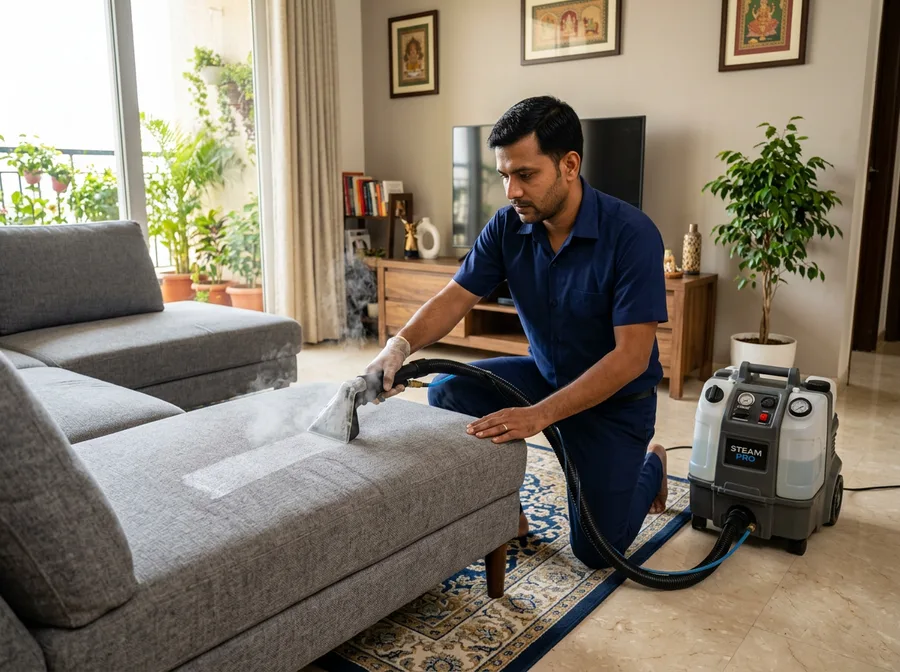 Indian professional shampooing a fabric sofa